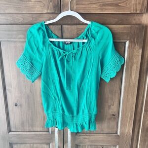 By & By- Green Boho Shirt W/Crochet Accents Size M